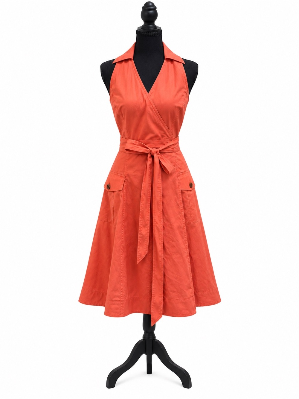Ralph Lauren Coral Sleeveless Wrap Midi Dress with Tie Waist